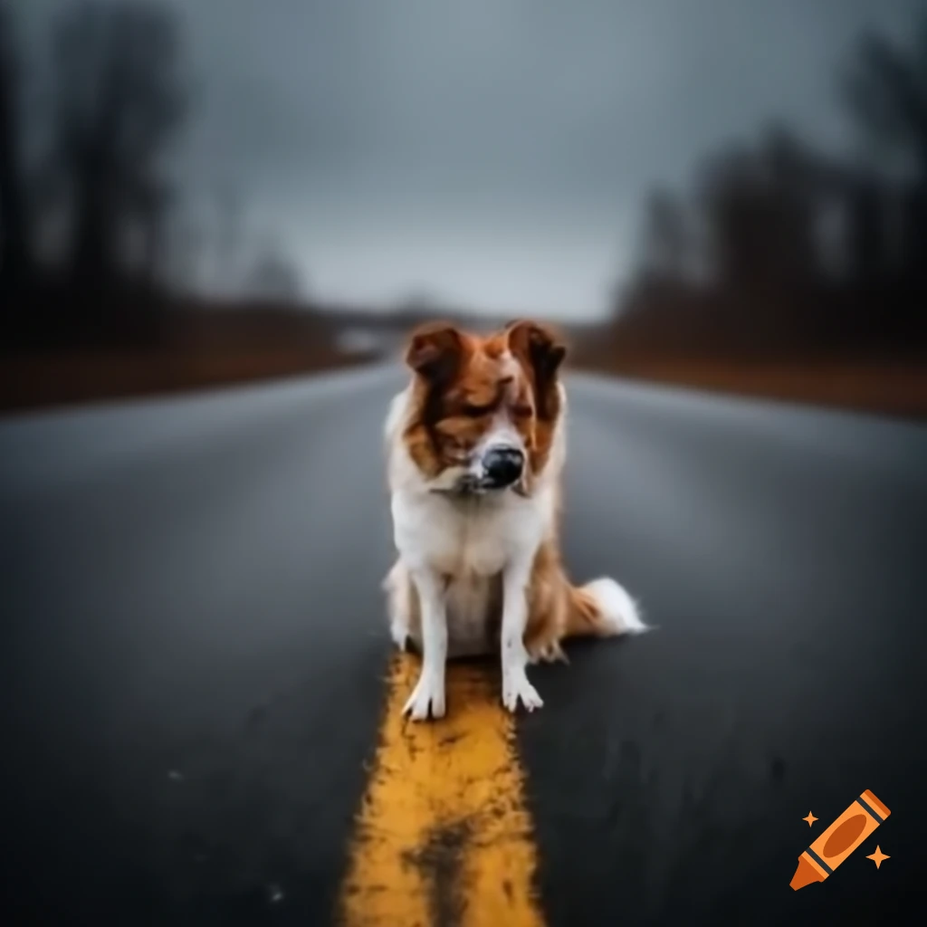Drawing of a dog crying on the roadside