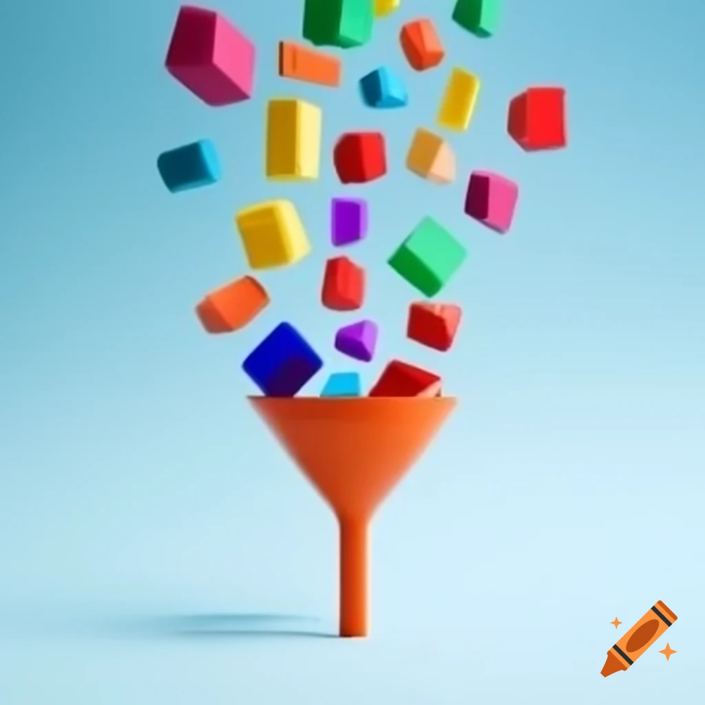 Colorful geometric shapes falling into a funnel with grey blocks emerging