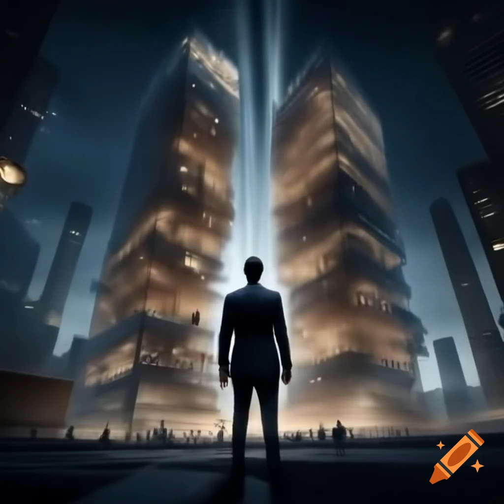 Businessman standing with arms open in front of skyscraper at night