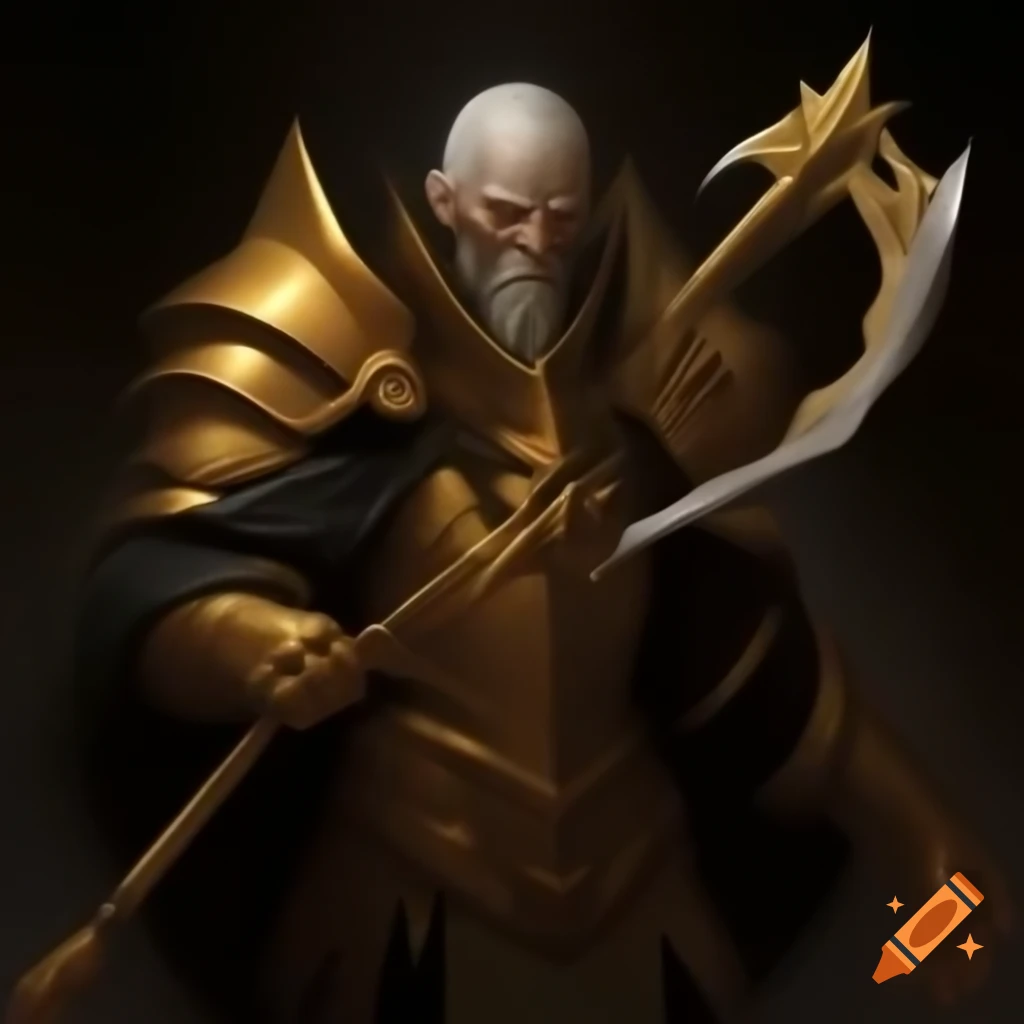 Corrupted golden paladin with shadow figure holding scythe
