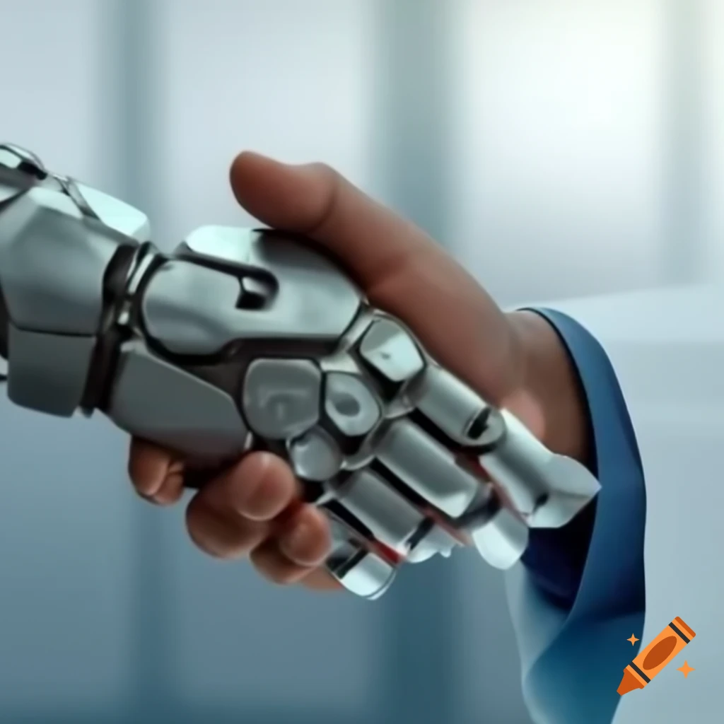 Mechanical hand clasped with doctor's hand symbolizing innovation