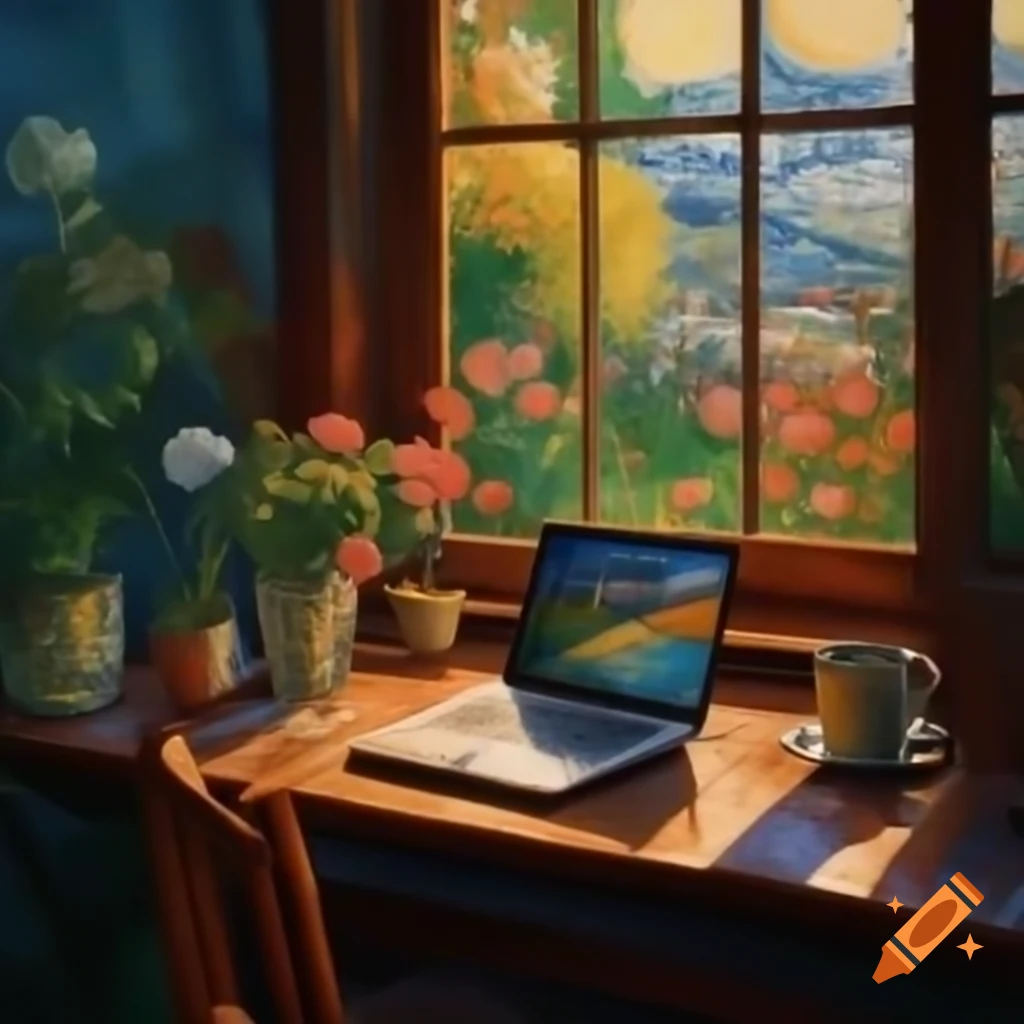 Coffee mug and open laptop on desk by window with sunrise view and potted flowers