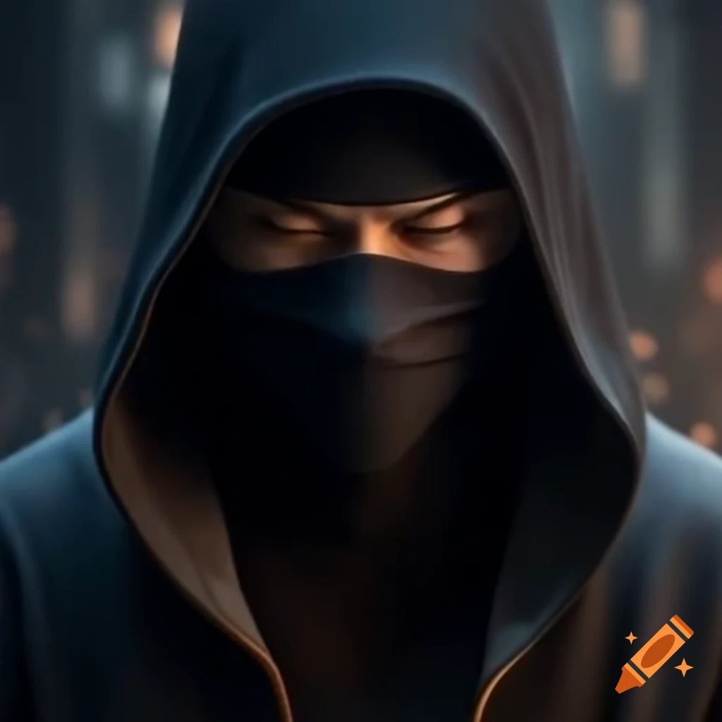 Ninja with face mask and calm eyes engaged in hacking