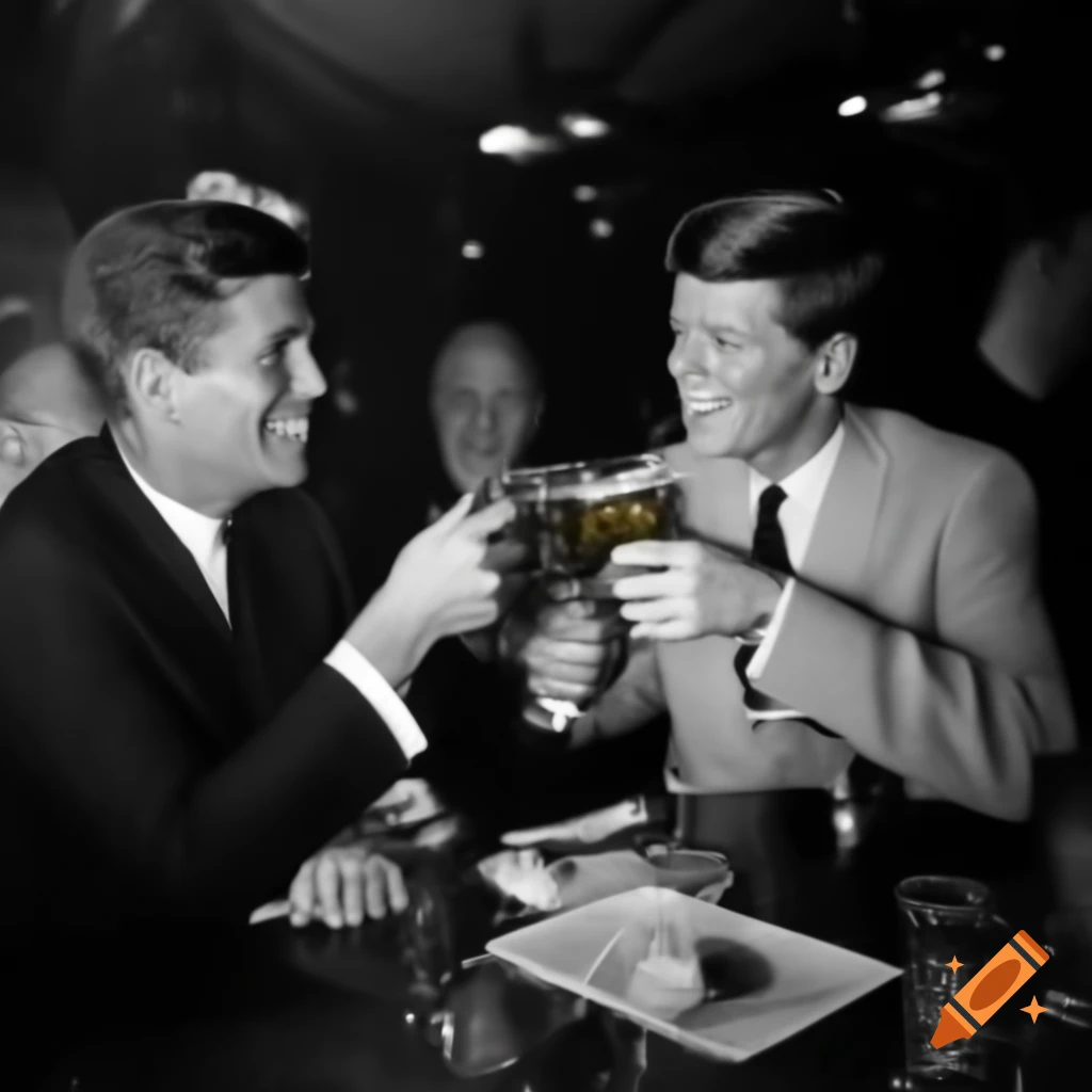 Historical scene of JFK socializing with Lee Harvey Oswald over drinks