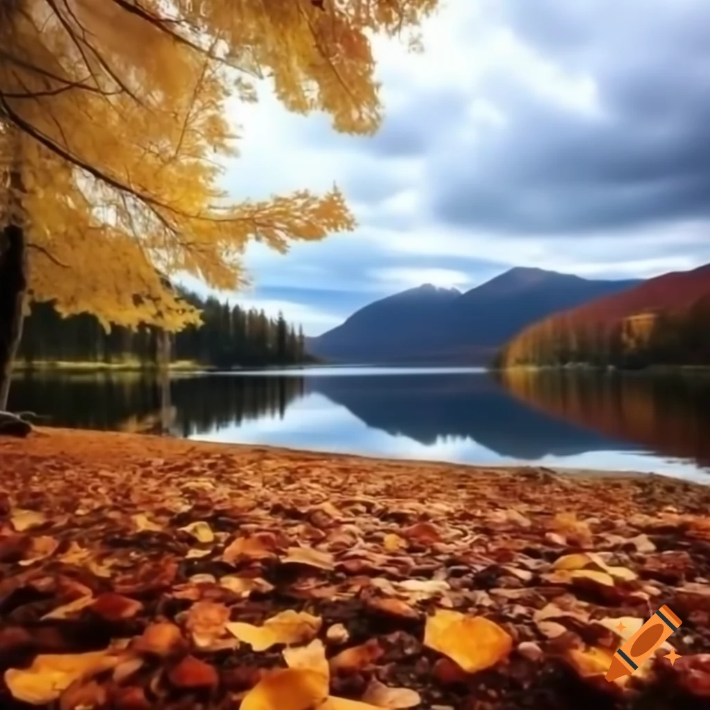 Serene outdoor setting with autumn leaves overlooking scenic lake