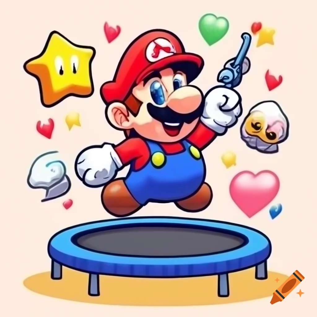 Drawing of Mario on a trampoline