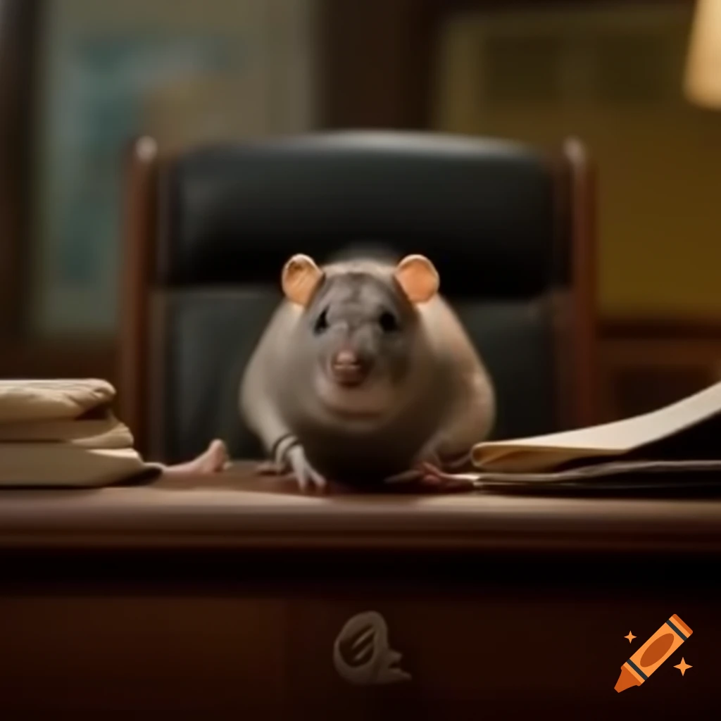 Small rat in office with wooden furniture holding paper named 'joel'