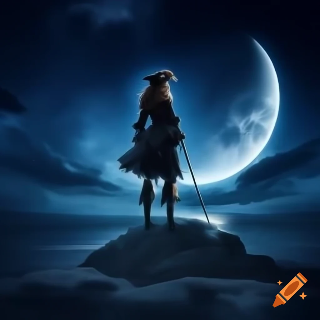 Ghostly female pirate standing on rock overlooking the sea illuminated by moonlight