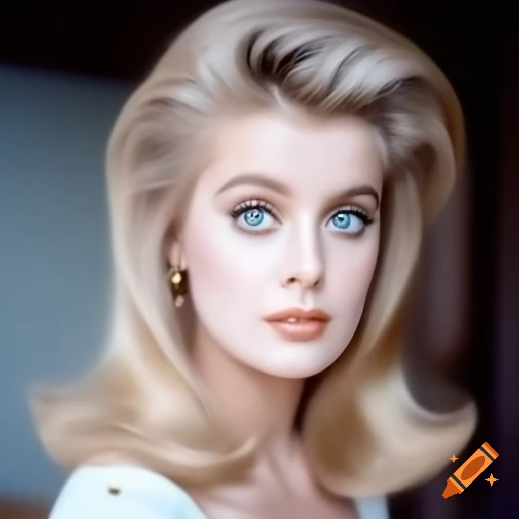 Hyper-realistic portrait of a European actress from 1963 with porcelain skin and striking blue eyes