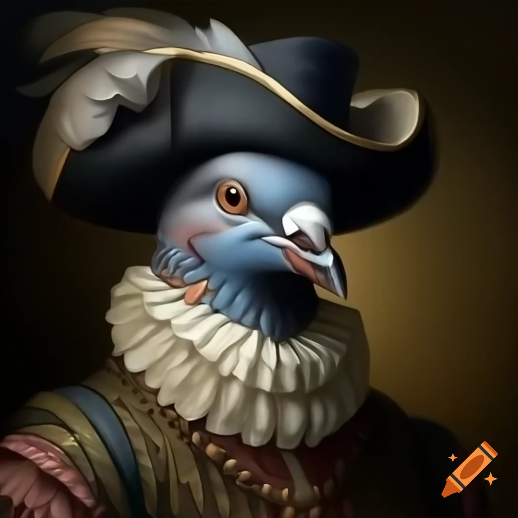 Oil painting of pigeon wearing 1700s clothing and Elizabethan collar
