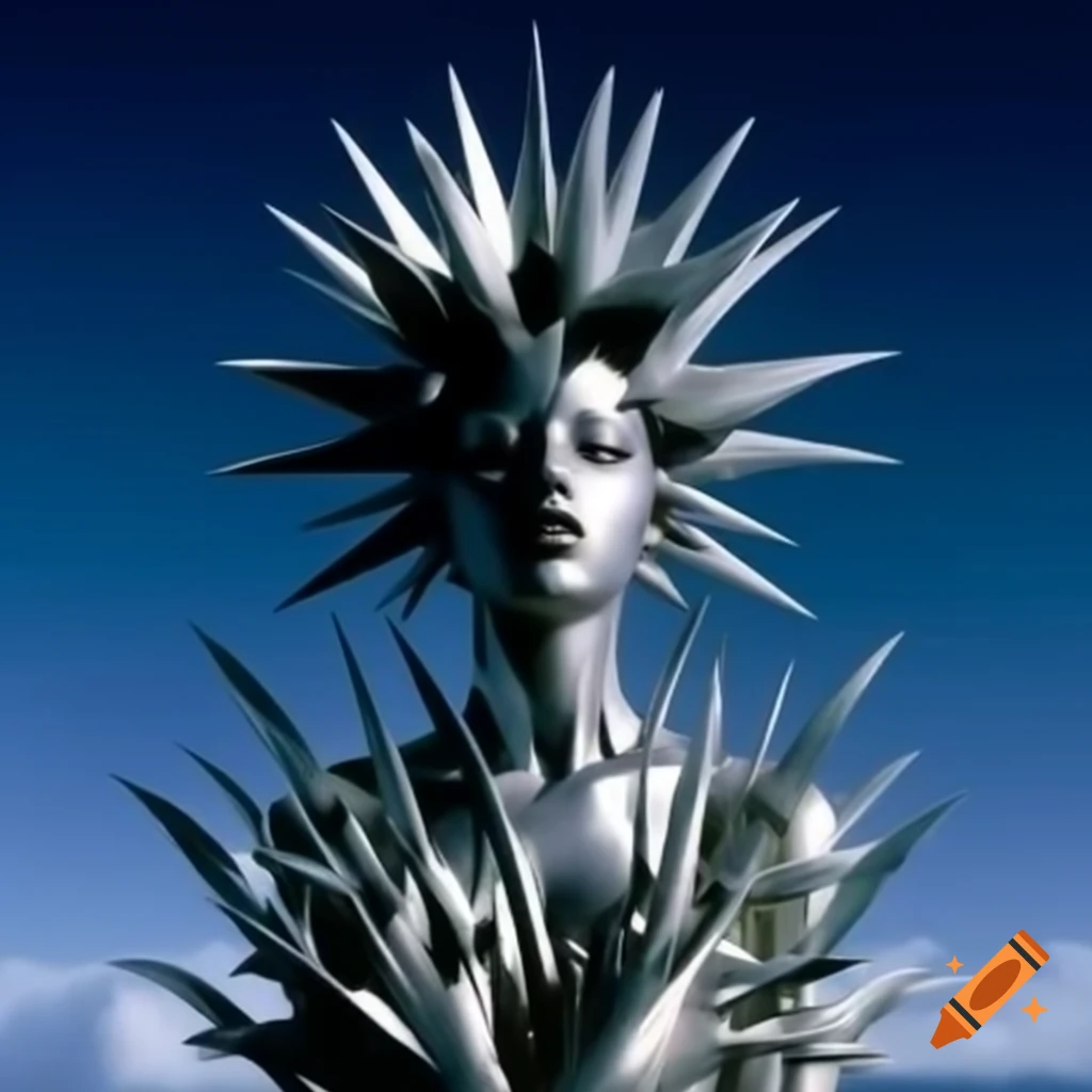 Pop surrealism photography featuring anime-style spiky silver statue