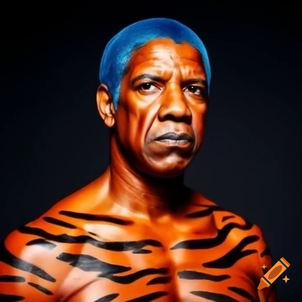Denzel washington with tiger style makeup featuring blue hair and