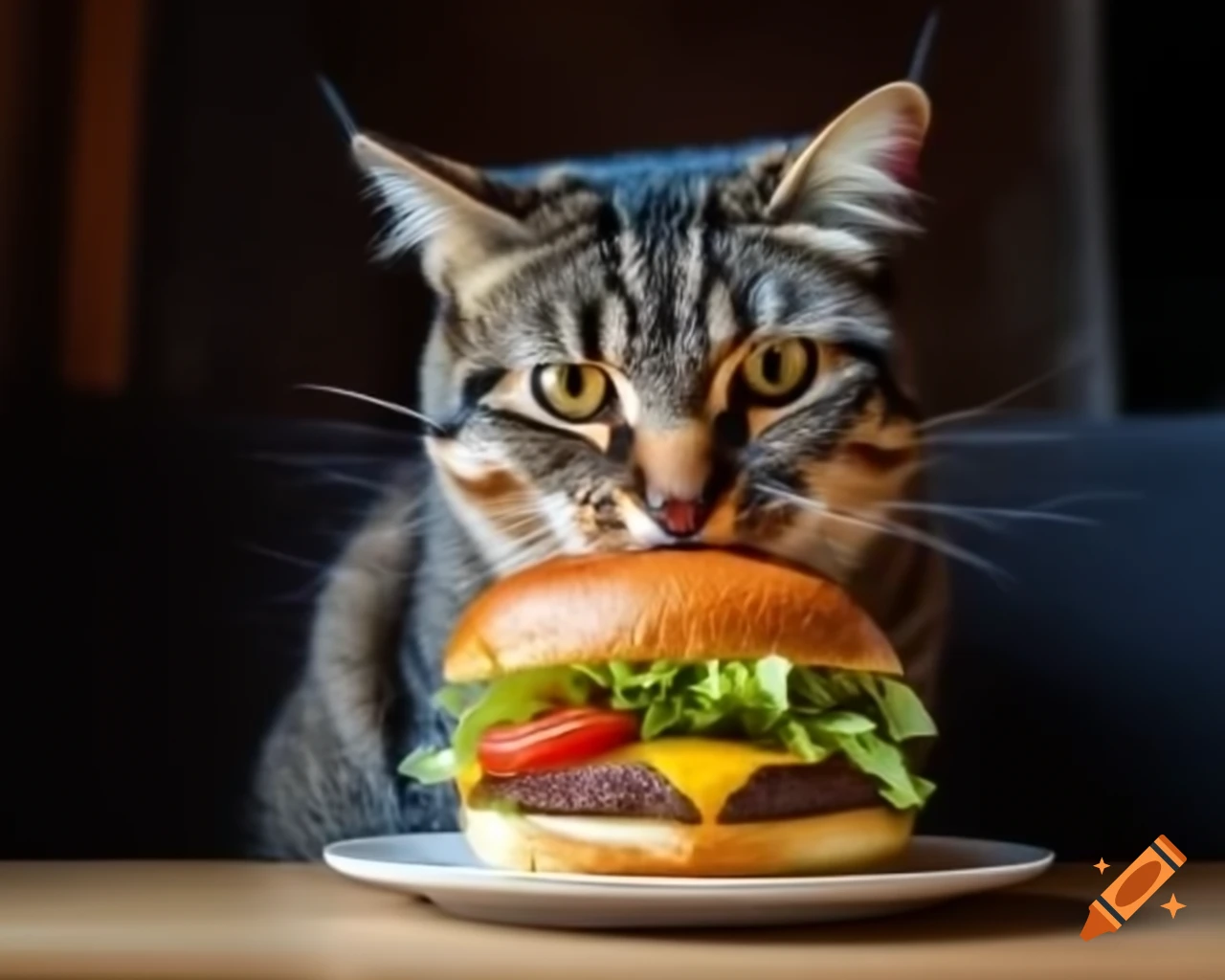 Cat enjoying a burger, playful scene