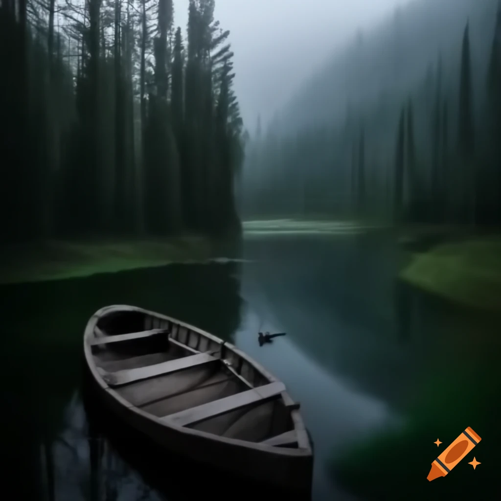 Small wooden boat in abandoned lake surrounded by dense forest on a foggy night