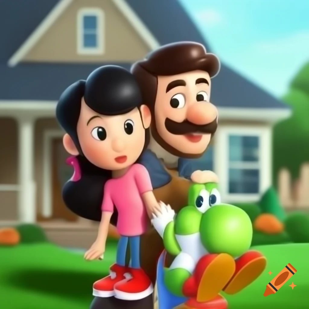 Cartoon couple happily standing in front of their new home, hugging