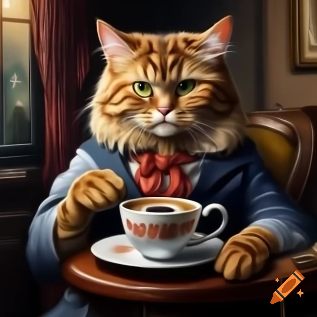 Elegant cat in clothing holding designer coffee cup, warm watercolor style