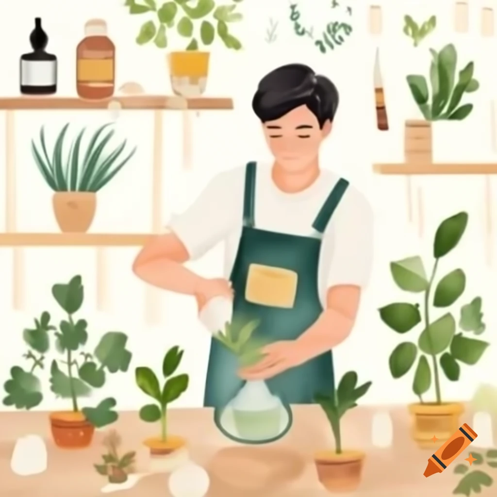 Herbalist crafting remedies in workshop with earthy herbs