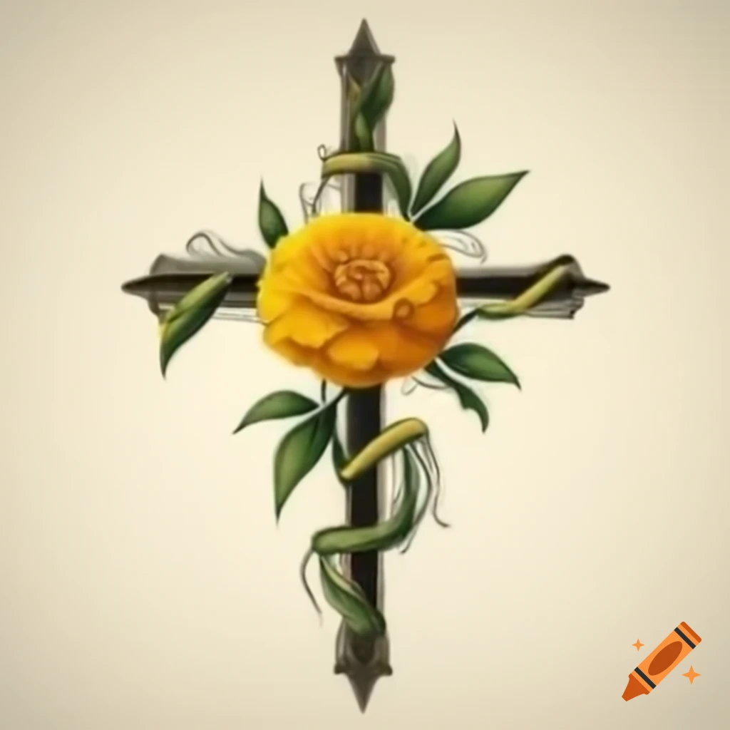Tattoo design featuring yellow marigold flower entwined with a cross