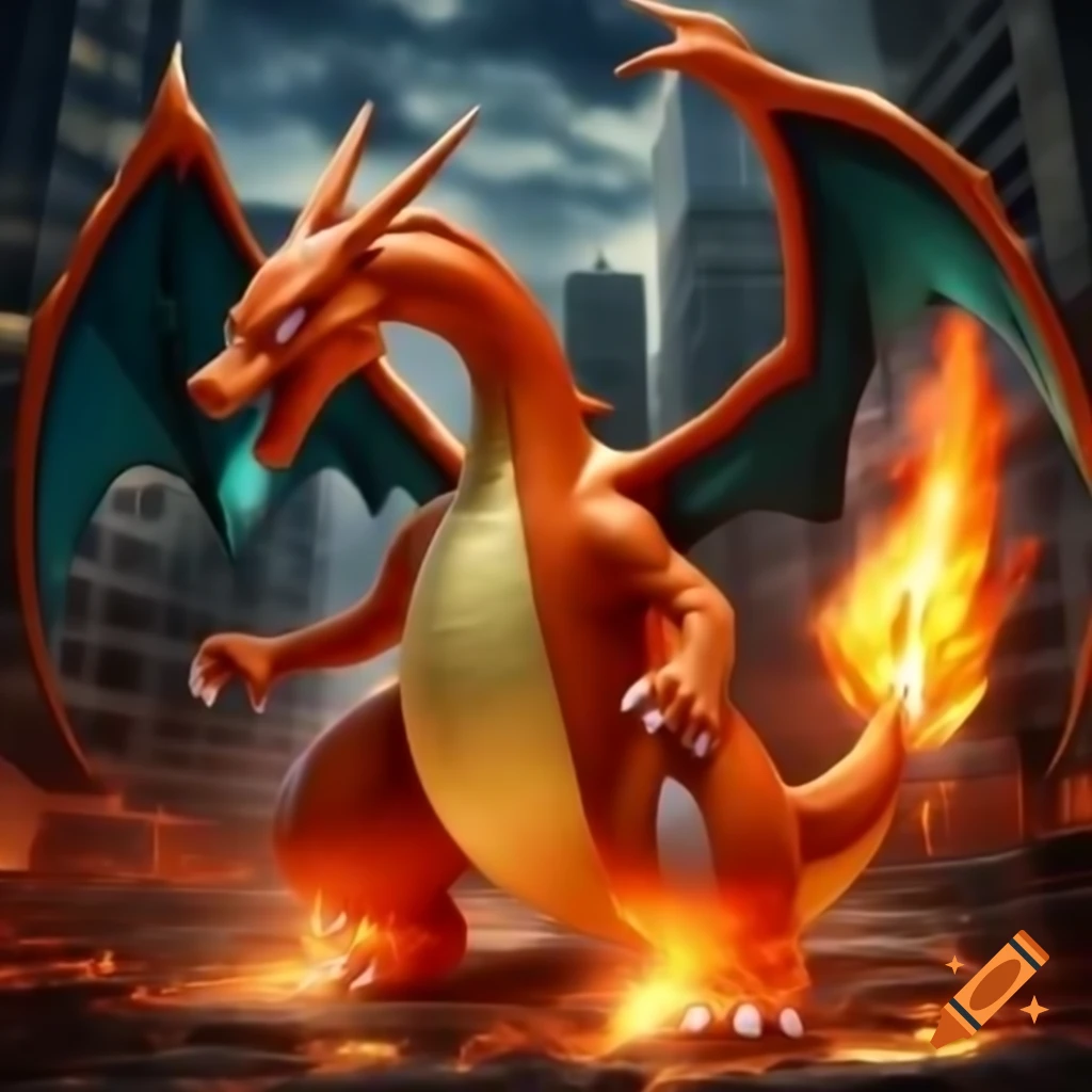Charizard Pokémon breathing fire in a burning city