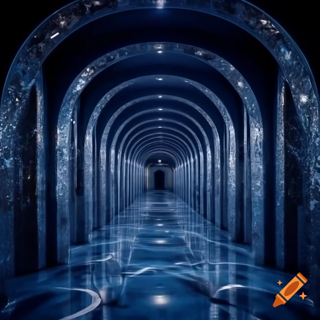 Surreal dark blue marble hallway with high ceilings and starry ceiling
