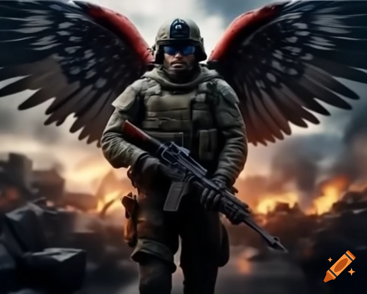 Modern soldier with wings and machine guns in battle