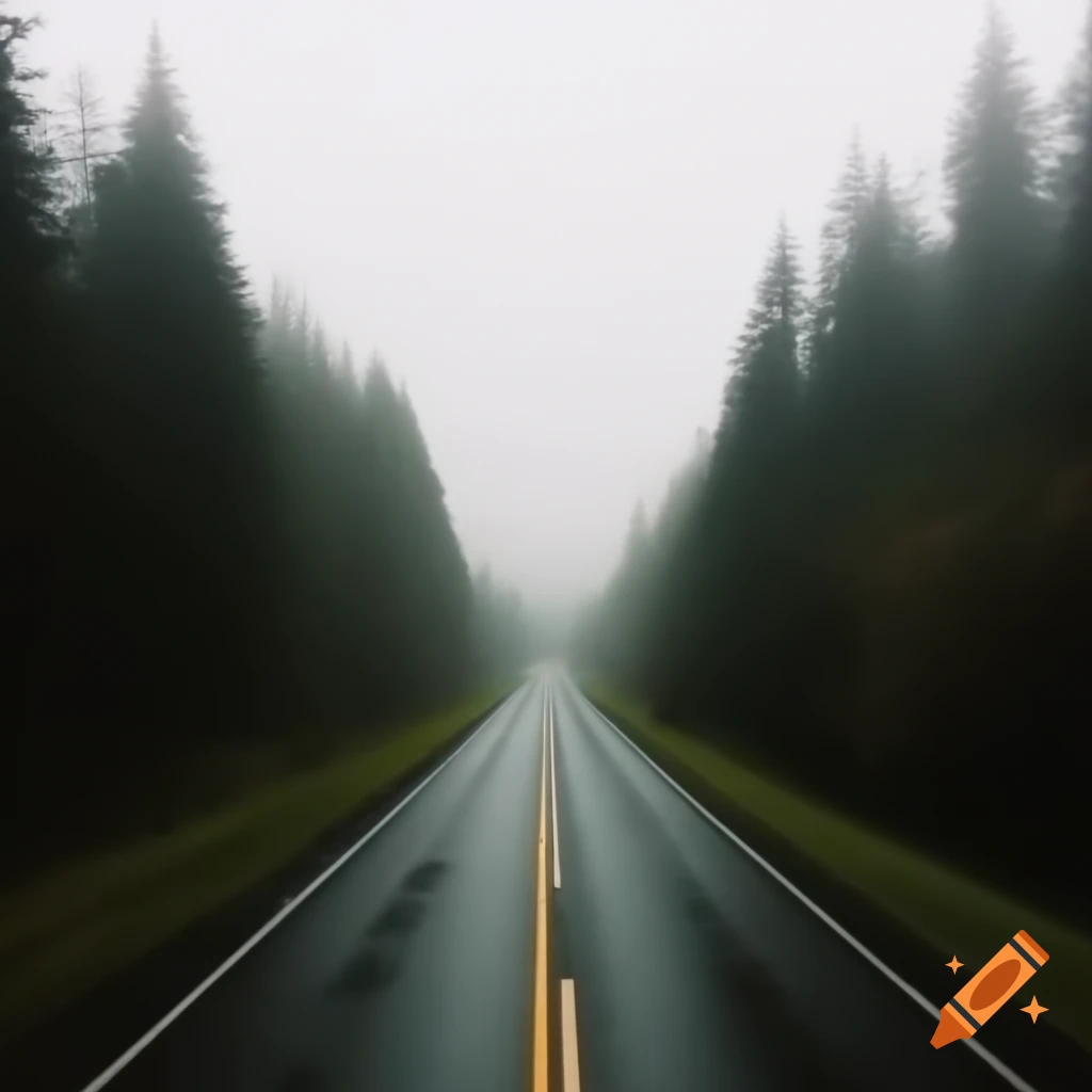 Foggy highway surrounded by woods