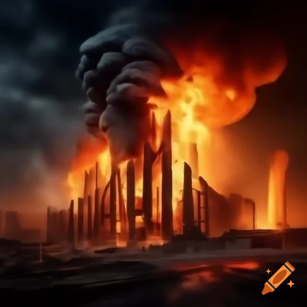 Flames erupting from twin structures with smoke billowing, showcasing destruction