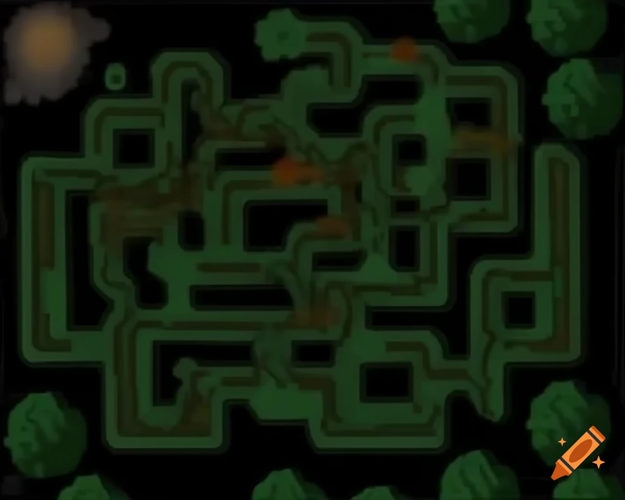 Aerial view of Halloween-themed RPG maze map with bushes and ruins at twilight