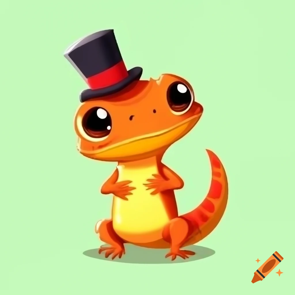 Cartoon gecko with a top hat in glowing orange, 2D vector illustration