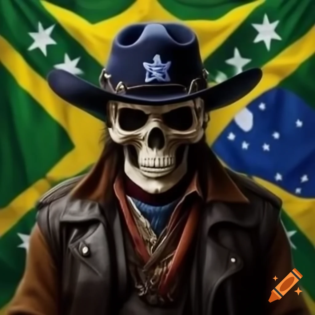 Skull with Confederate cap and leather vest against Brazilian flag background