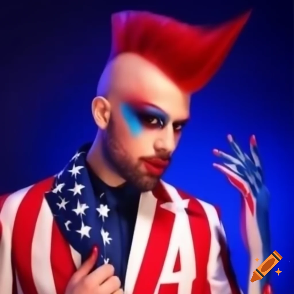 Promo for drag queen Rocky Stubble in American flag suit, mohawk, and red makeup
