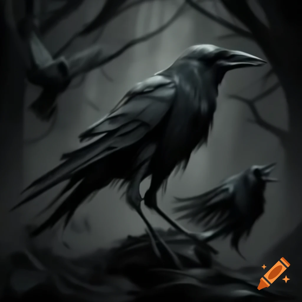 Eerie ink woodcutting of crows in dark forest, MC Escher style