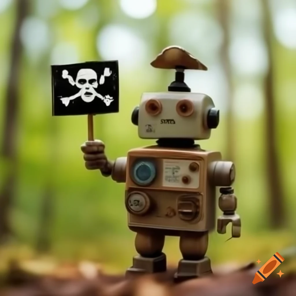 Old toy robot holding pirate flag in detailed forest setting