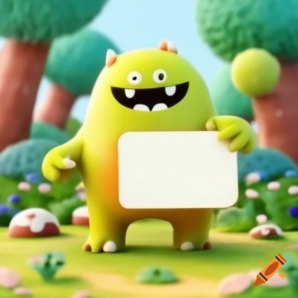 Happy monster in colorful garden holding blank white sign on craiyon