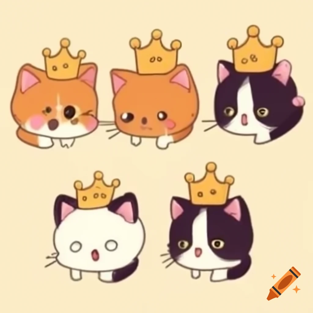 Cute orange, black, and mixed colored kittens in a crown, anime style