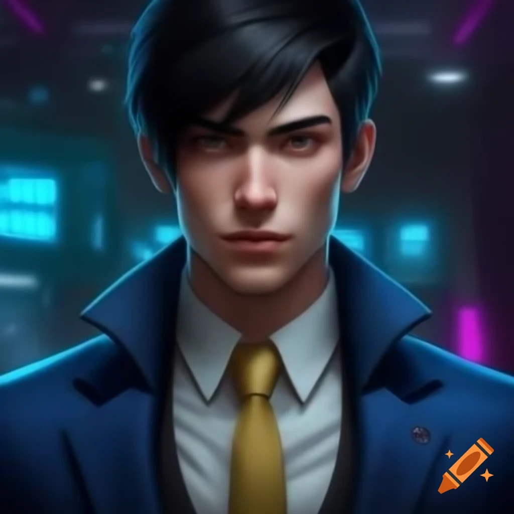 Mature young man in navy blue suit representing professionalism on craiyon