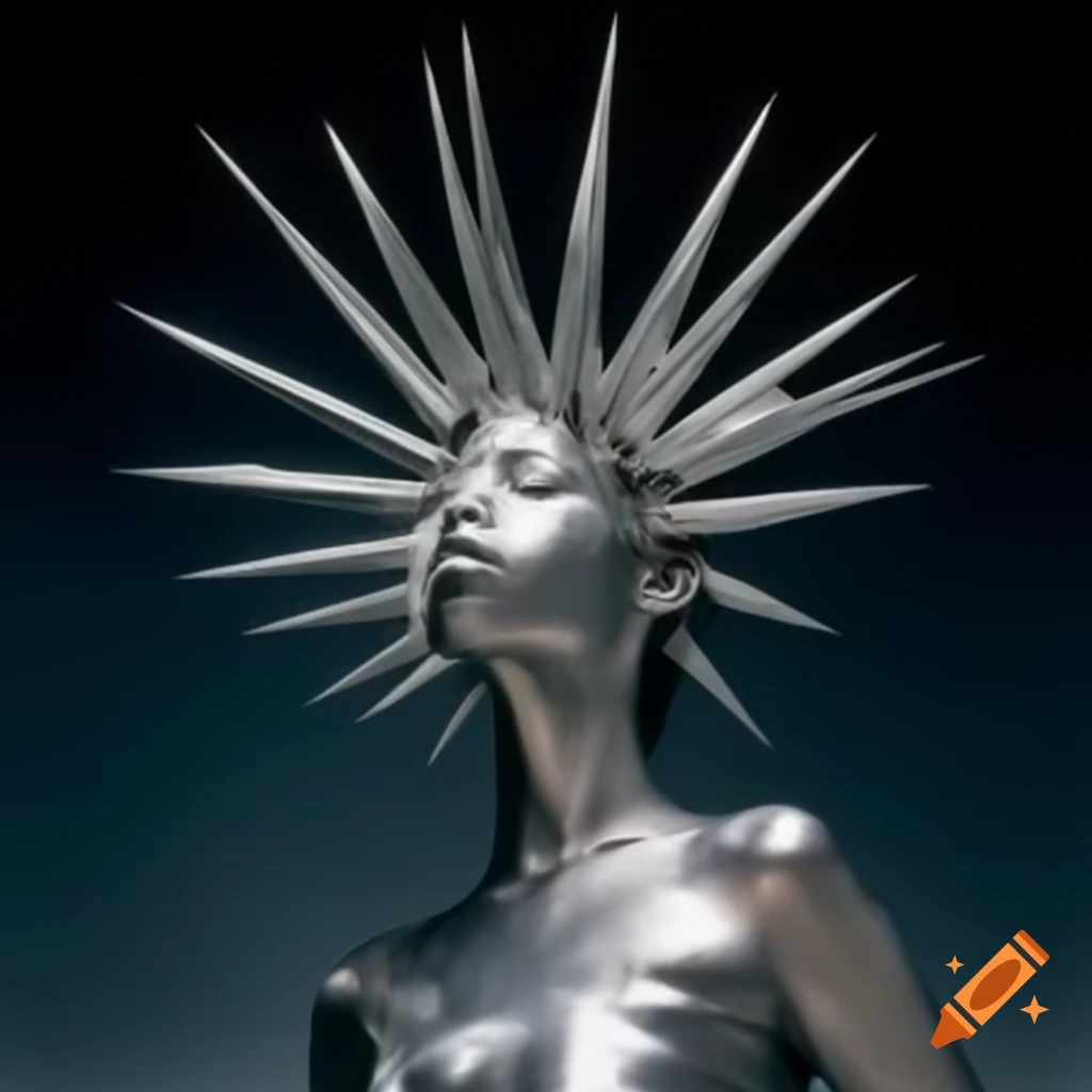 Pop surreal photography featuring anime-inspired spiky silver statue