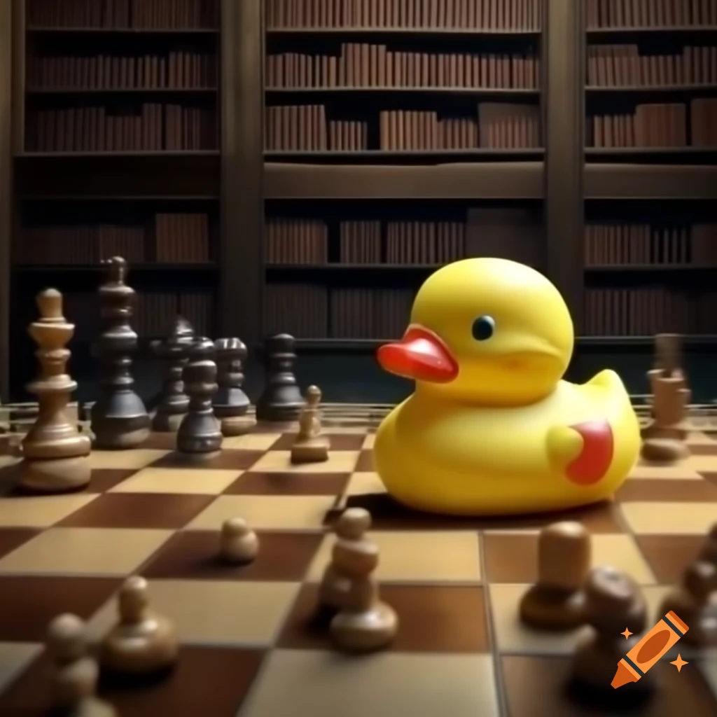 Whimsical yellow rubber duck on ancient chessboard in vintage library
