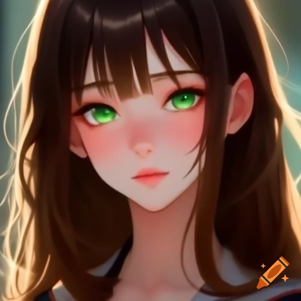 Anime woman with brown hair and green eyes