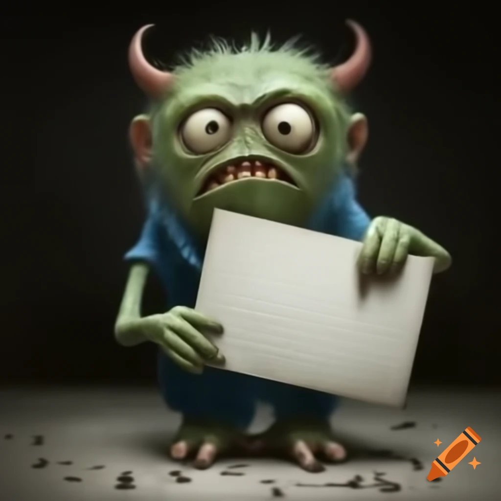 Frightened monster holding a small blank sign