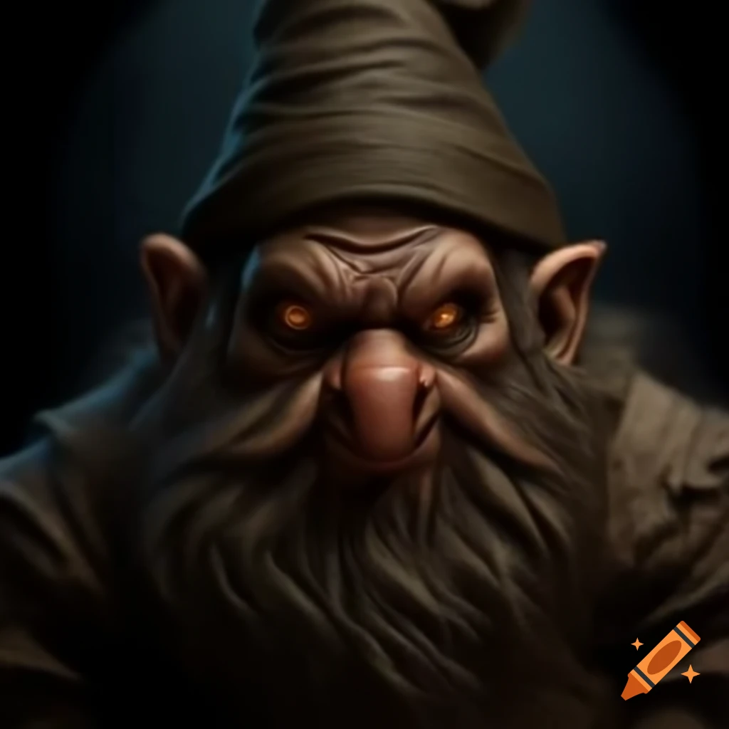 Dark vintage image of a scary dwarf wearing a big hat