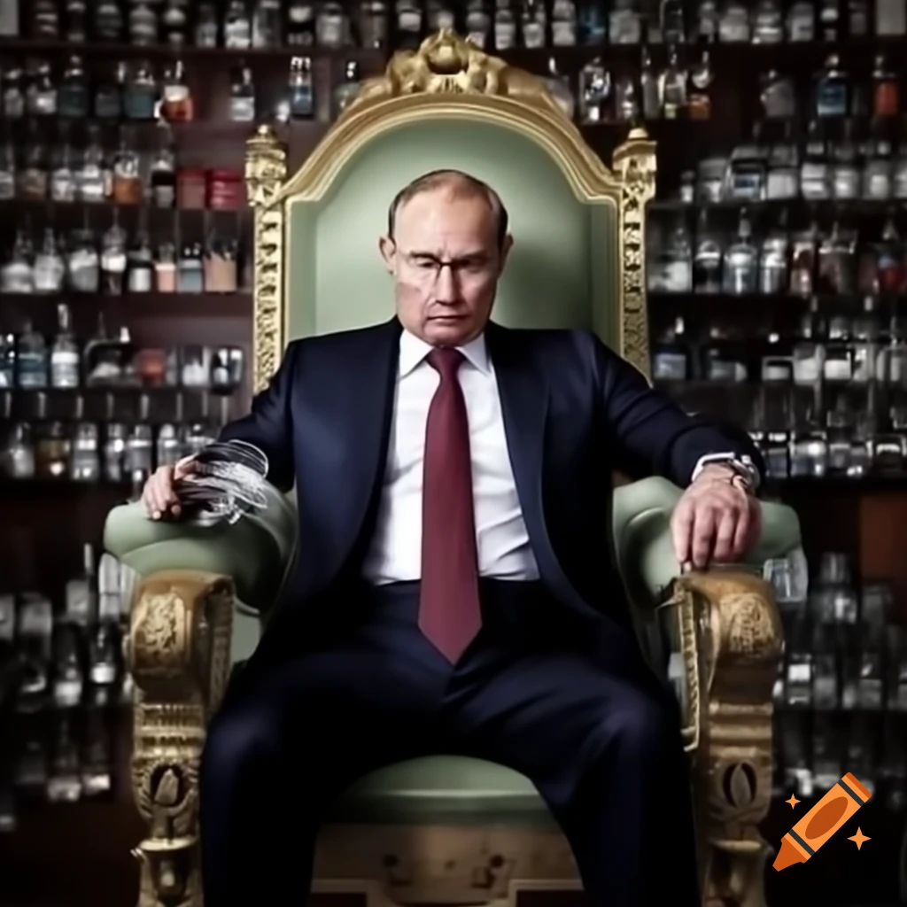 Putin on throne surrounded by Russians celebrating culture with vodka