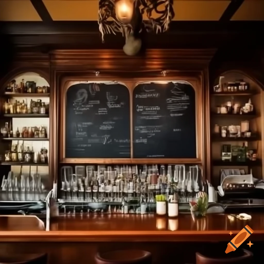 Chalkboard cocktail menu displayed above bar