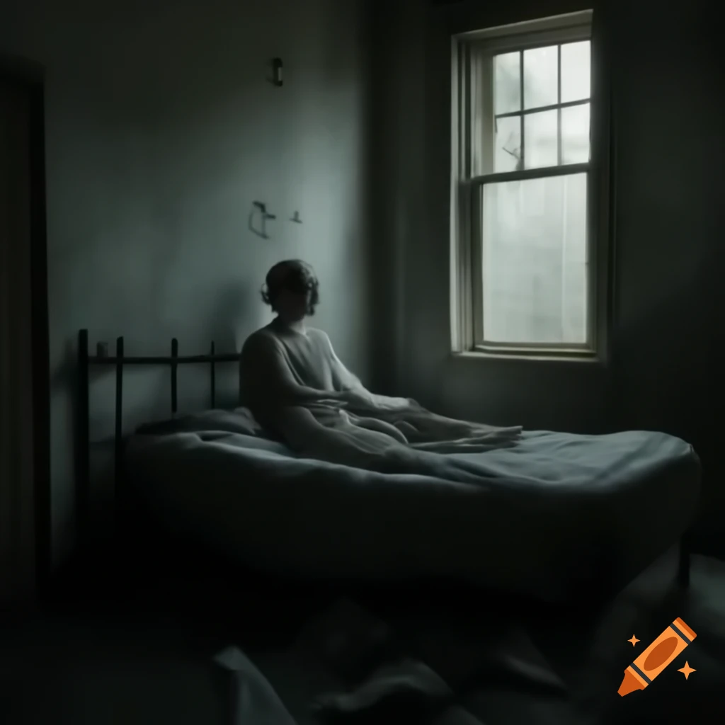 Solitary figure in melancholic hotel room, inspired by Edward Hopper