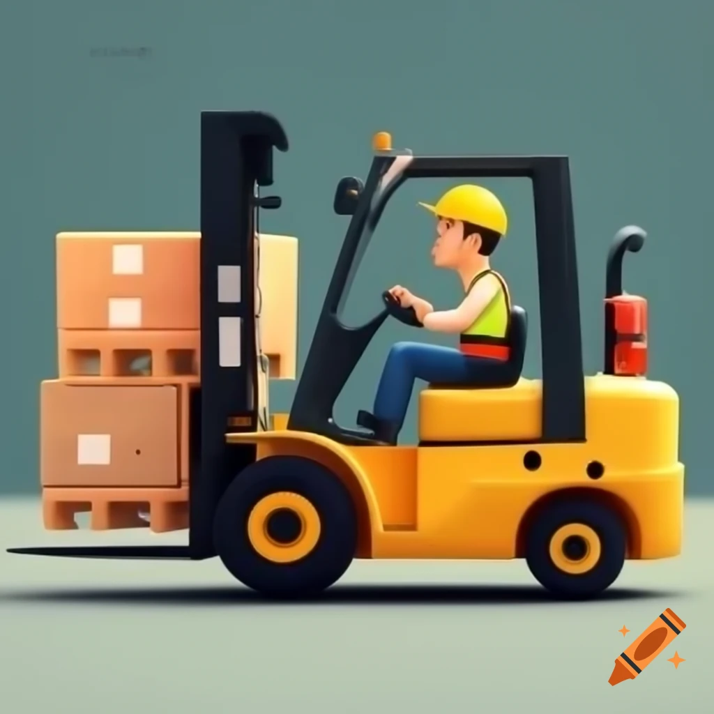 Cartoon forklift driver in high visibility jacket moving pallet to production machine