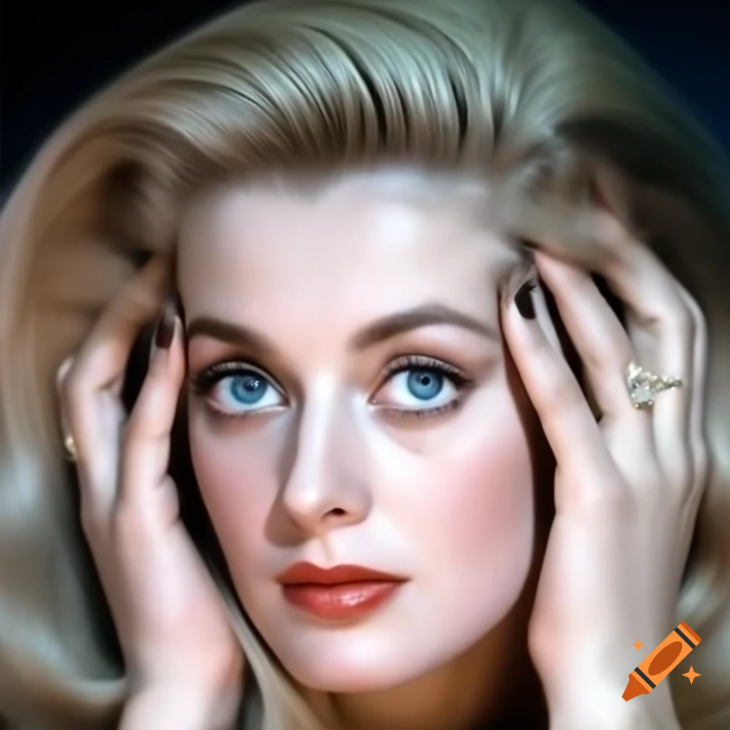 Hyper-realistic portrait of a beautiful European actress from 1963 with porcelain skin and blue eyes