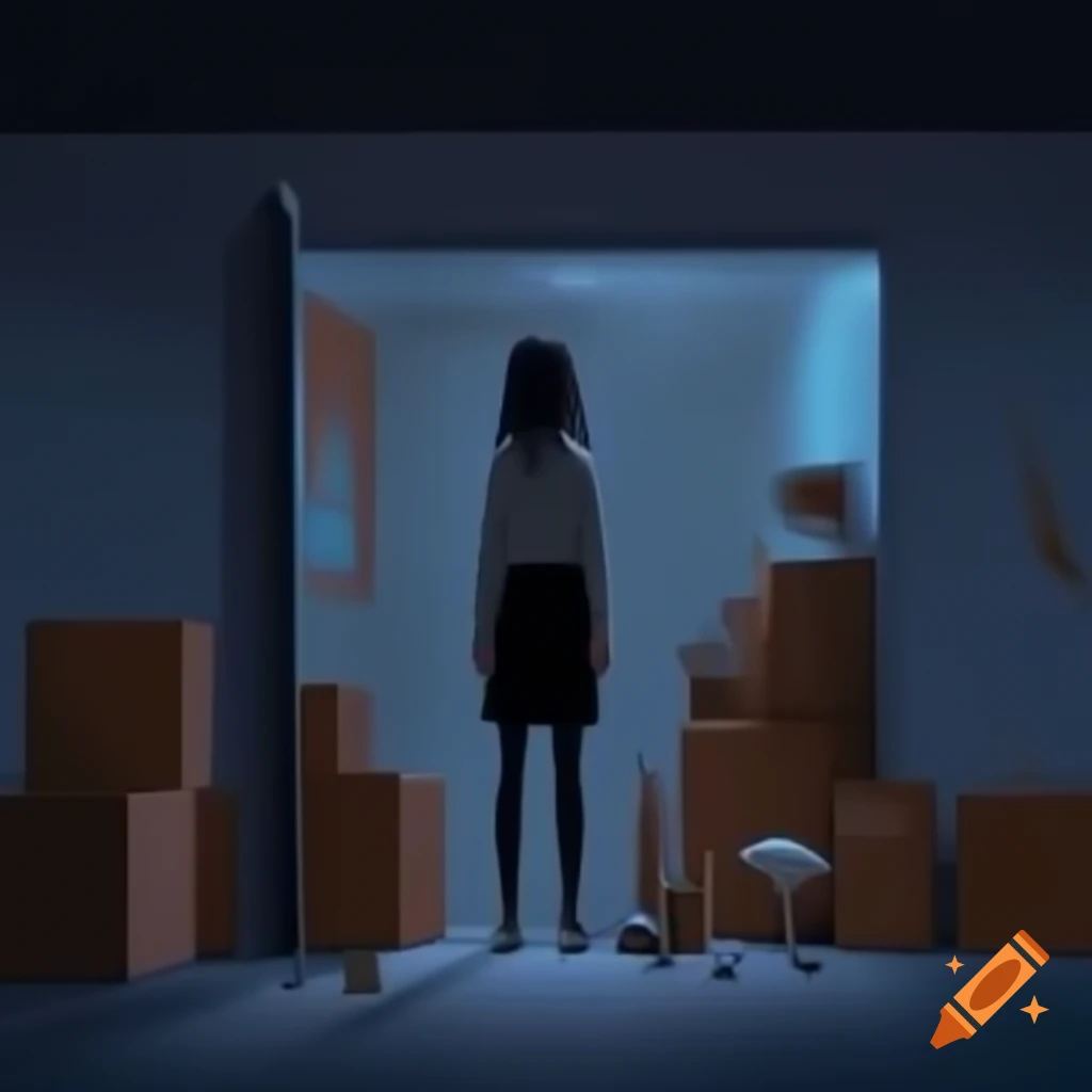 Scared woman in dark apartment with boxes and masked figure