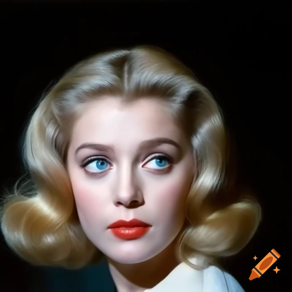 Hyper-realistic vintage photograph of a charming European actress from 1963 with porcelain skin and blue eyes