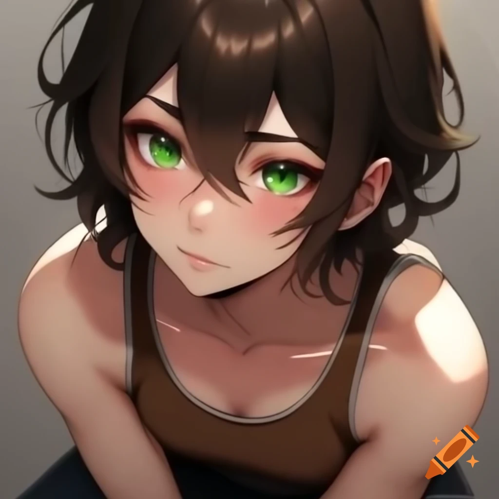 Cool anime woman with messy brown hair and green eyes in casual outfit