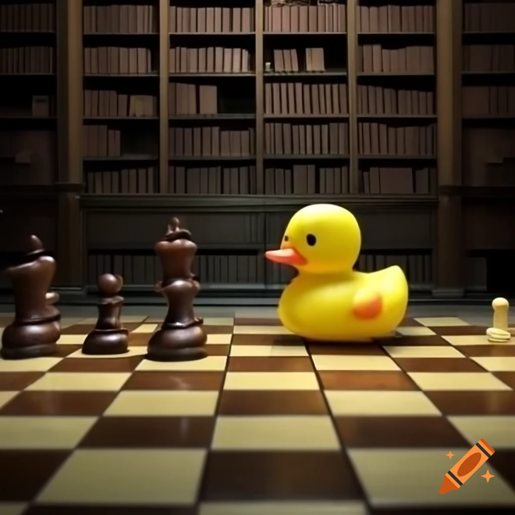 Whimsical yellow rubber duck on ancient chessboard in vintage library